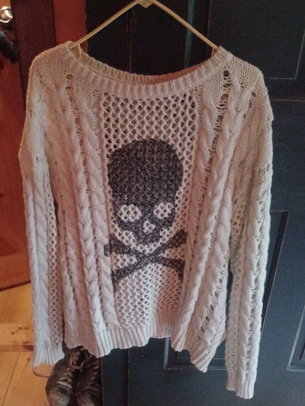SHEIN Cream Open-Knit Cable Sweater with Black Skull